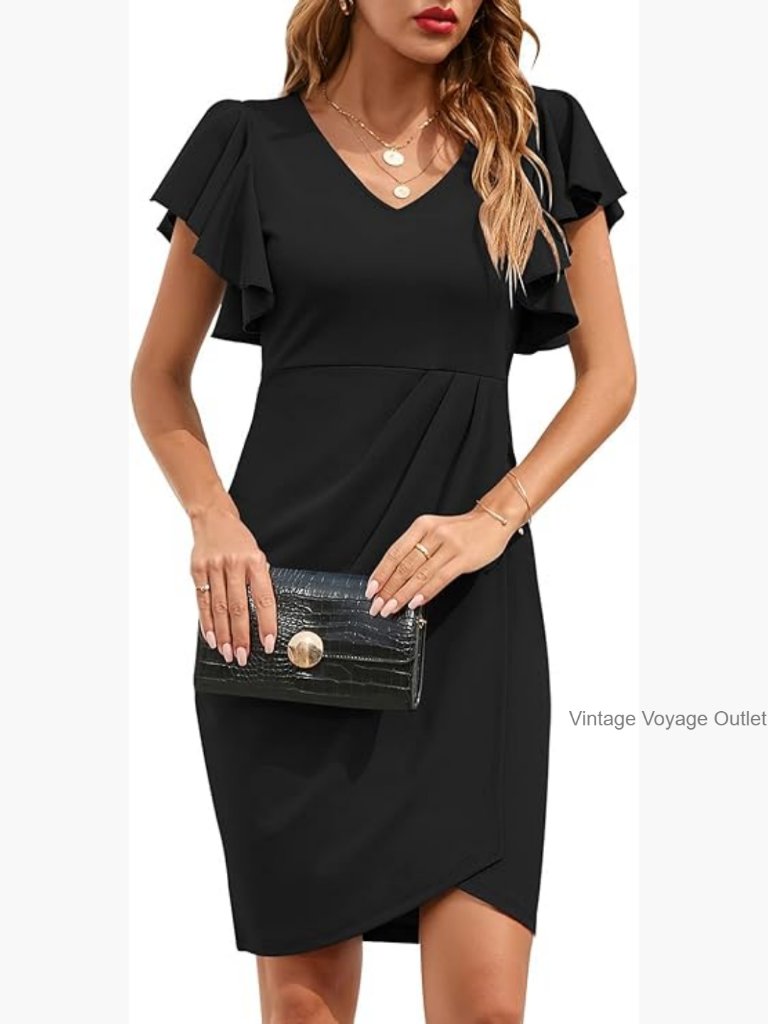Elegant Bodycon Wrap Dress With Ruffle Sleeves